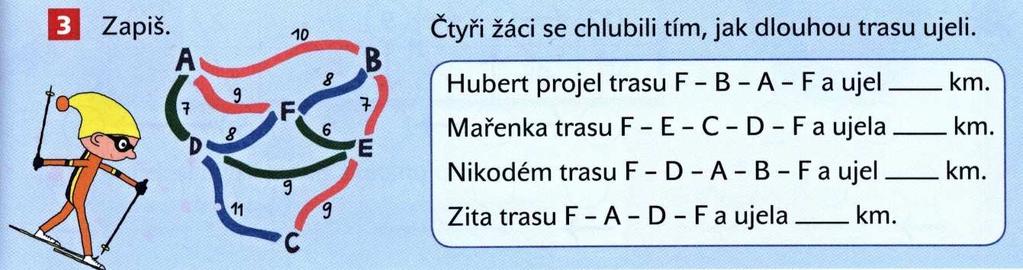 V dalším cvičení (obr. 2.30) se již setkáváme s číslem jako veličinou, konkrétně s kilometry. Opět je použito stejné schéma cyklostezky jako v předchozích cvičeních.