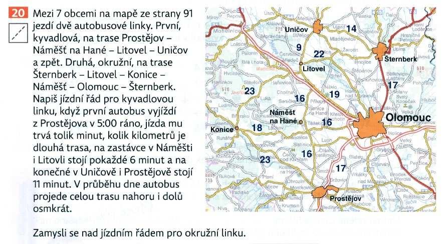 Se stejnou mapou pracuje i další úloha, ve které máme cyklistu nahrazeného autobusovými linkami (obr. 2.42). Pro kyvadlovou linku mají žáci vytvořit jízdní řád podle zadaných instrukcí.