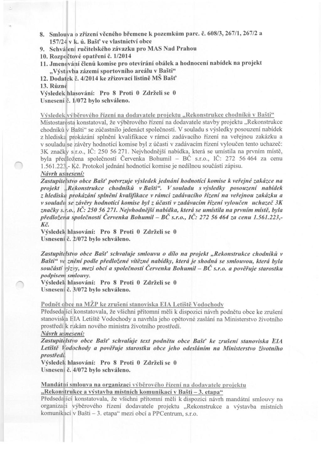:. 8. Smlouva o zřízení věcného břemene k pozemkům parc. č. 608/3, 267/1, 267/2 a 157/24 v k. ú. Bašt' ve vlastnictví obce 9. Schválení ručitelského závazku pro MAS Nad Prahou 10.