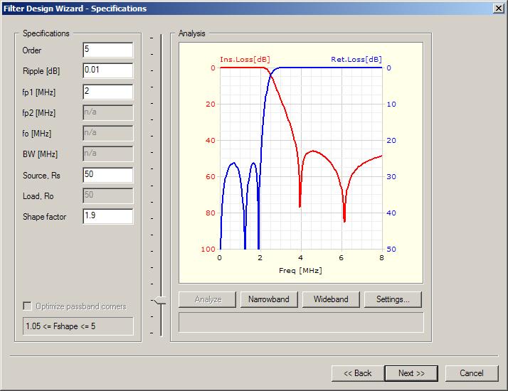 Jak bylo uvedeno v úvodu této kapitoly, zvolíme filtr typu eliptická dolní propust. V okně na Obr. 8.2 nastavujeme parametry filtru a na kmitočtové charakteristice sledujeme výsledky změny nastavení.