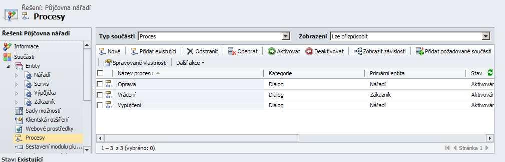 Implementace Pro implementaci procesů byl zvolen informační systém Microsoft Dynamics CRM, kde bylo vytvořeno řešení s názvem Půjčovna nářadí, obr.4.
