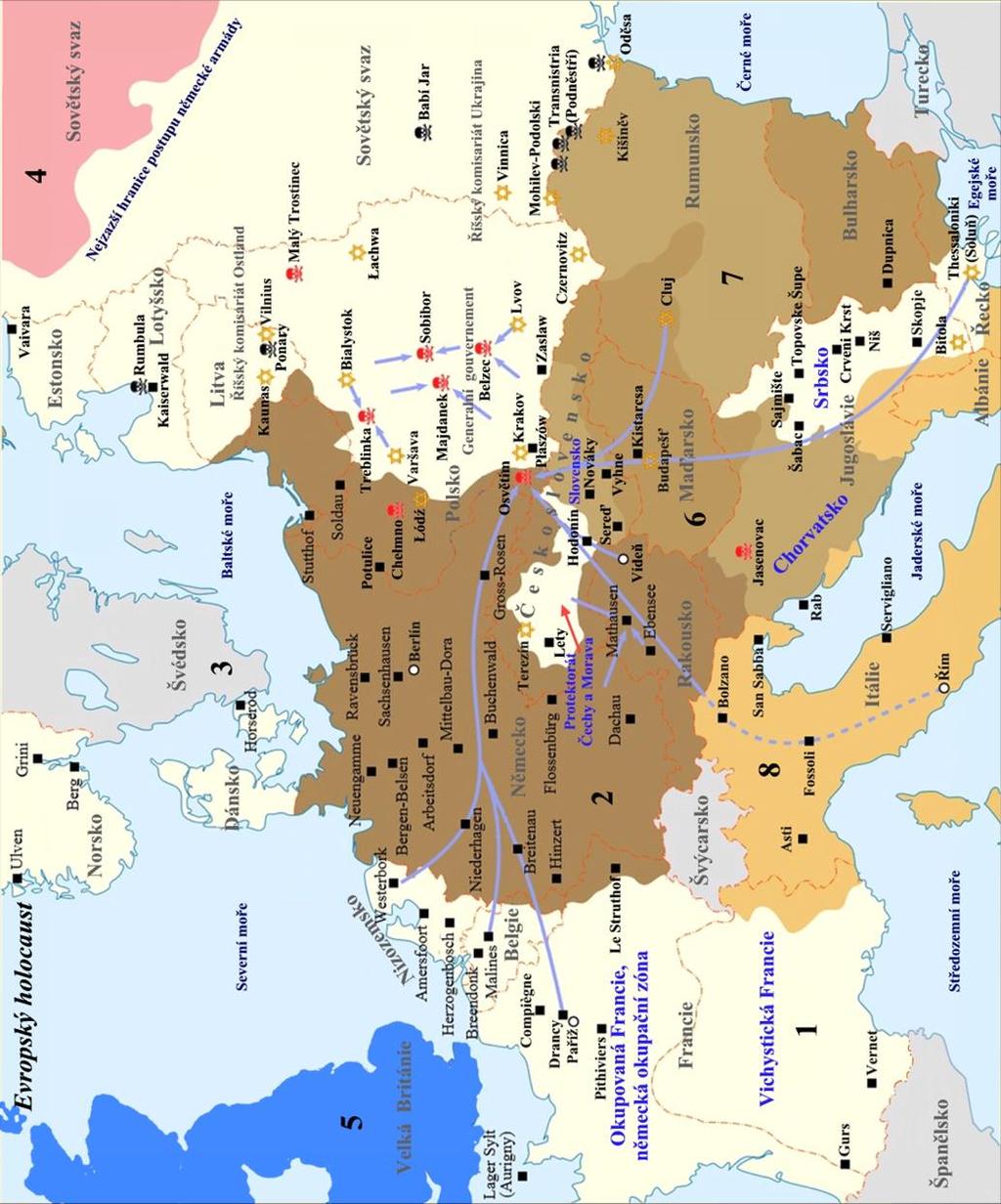 Mapa Evropský holocaust 3 upravená mapa 4 3 AUTOR NEUVEDEN. File:WW2 Holocaust Europe map-fr.svg [online]. [cit. 25.1.2014].