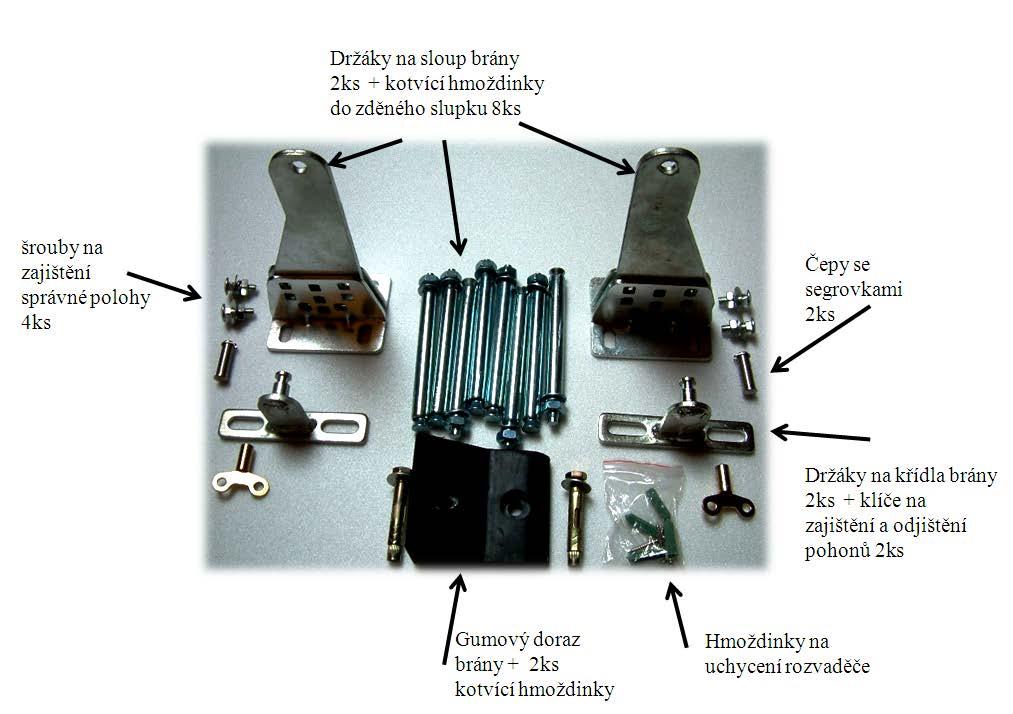 Montážní a instalační příslušenství Držáky na sloupy brány 2ks + kotvící hmoždínky do zděného sloupku 8ks Jestliže nemáte křídla vrat příliš pevná, pak umístěte pohon co možná nejníže, aby při