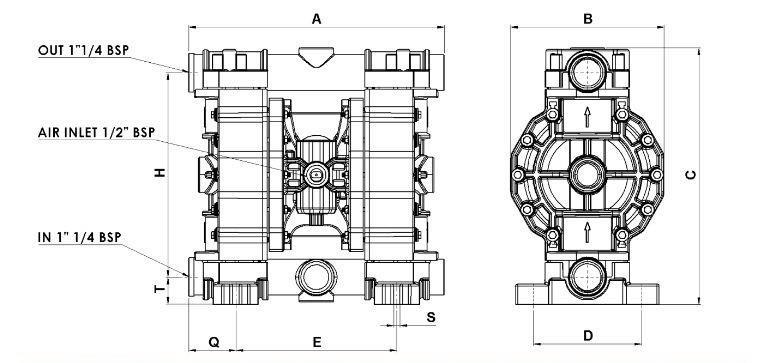 ROZMĚRY DIMENSIONS VNĚJŠÍ 1 1/4 BSP PŘÍVOD VZDUCHU 1/2 BSP VNITŘNÍ 1 1/4 BSP GEMINI P.250 A B C D E H Q S T Na přání možnost připojení ISO-ANSI přírubami.