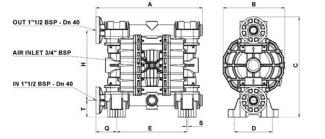 ROZMĚRY DIMENSIONS VNĚJŠÍ 1 1/2 BSP Dn 40 PŘÍVOD VZDUCHU 3/4 BSP VNITŘNÍ 1 1/2 BSP Dn 40 GEMINI P.500 A B C D E H Q S T Váha kg Weight Teplota max. C Temperature max.