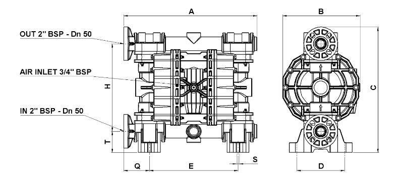 ROZMĚRY DIMENSIONS VNĚJŠÍ 2 BSP Dn 50 PŘÍVOD VZDUCHU 3/4 BSP VNITŘNÍ 2 BSP Dn 50 GEMINI P.700 A B C D E H Q S T Váha kg Weight Teplota max. C Temperature max.