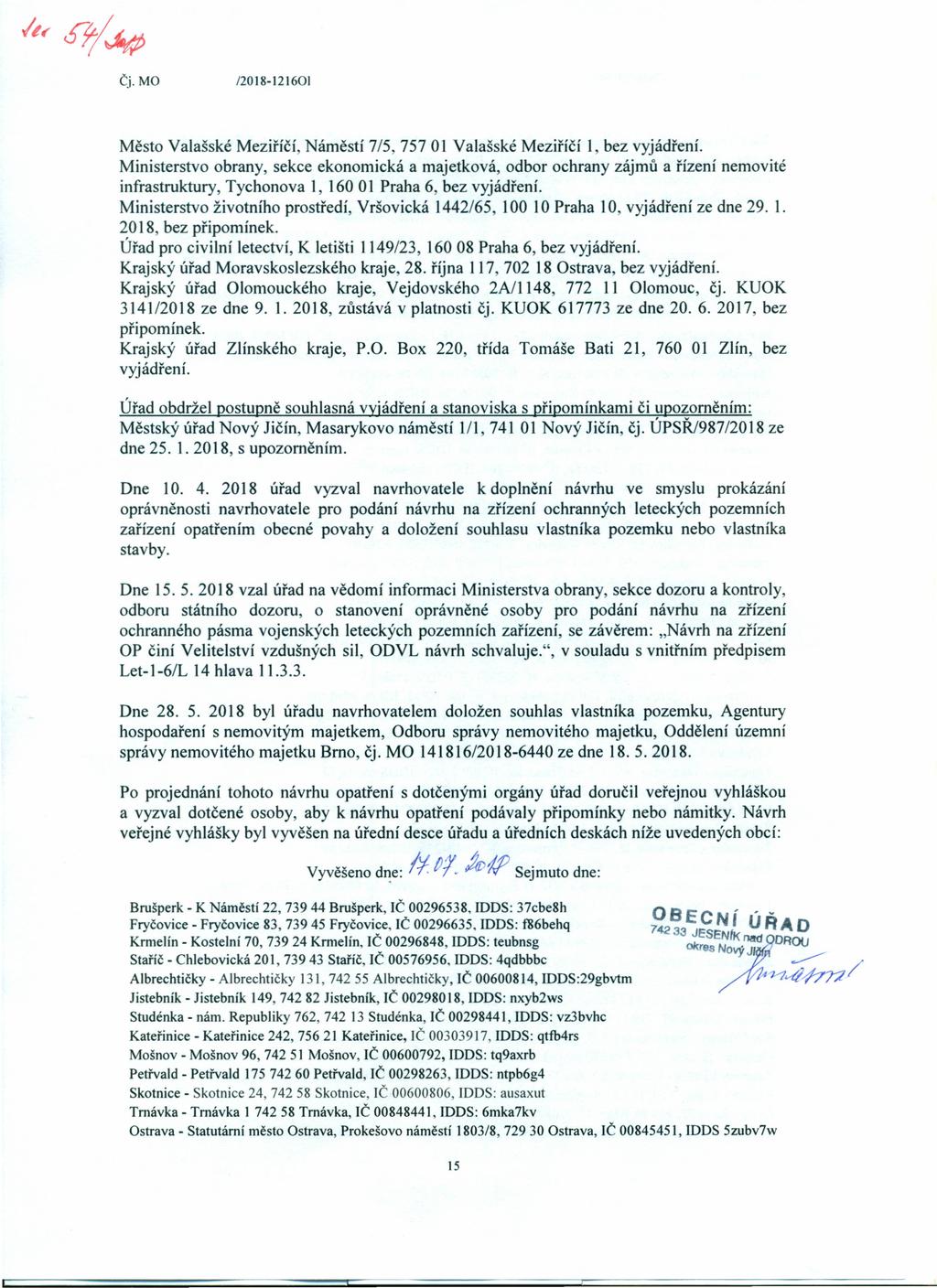 Město Valašské Meziříčí, Náměstí 7/5, 757 01 Valašské Meziříčí 1, bez Ministerstvo obrany, sekce ekonomická a majetková, odbor ochrany zájmů a řízení nemovité infrastruktury, Tychonova 1, 160 O 1