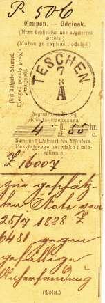 posunutí písmene A nahoru mezi údaj měsíce a mezi dvojčíslí roku (reprodukce nahoře vpravo). Ústřiņek podacího lístku na peníze je s datem 4/12/86 (4.12.1886).