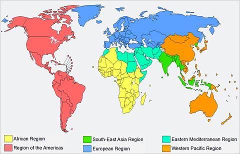 Obr. 1 WHO regions [5] Podrobný popis těchto fází, pomáhá zemím určovat postup řešení pandemie a zjišťovat tak její vznik. Tyto země poté informují WHO.