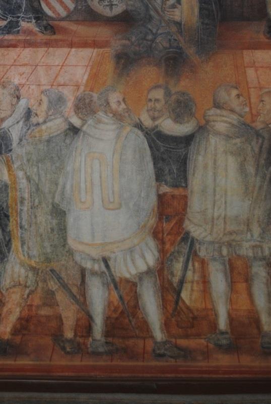 9. Opásání zbraněmi, detail z Většího zemského soudu, malba