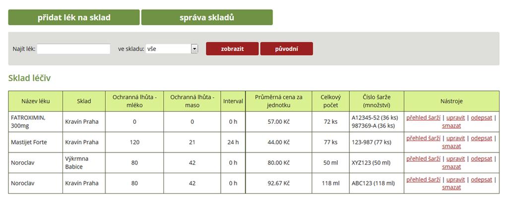 Krok 1: Kliknutí na záložku SKLAD LÉČIV a dále vybereme tlačítko ODEPSAT u léku, u kterého musíme vybrané