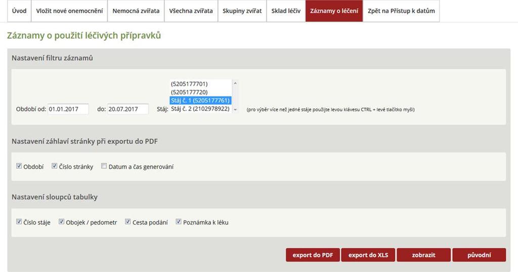 Krok 1: Chovatel potřebuje generovat Deník léčení zvířat v období od 1. 1. 2017 do 20. 7.