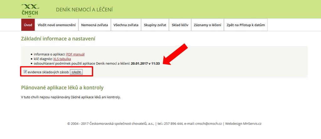 Krok 6: Odsouhlasení podmínek použití aplikace Deník léčení automatické vygenerování zprávy o odsouhlasení podmínek použití aplikace Deník nemocí a léčení (červená šipka), včetně zatrhnutí a