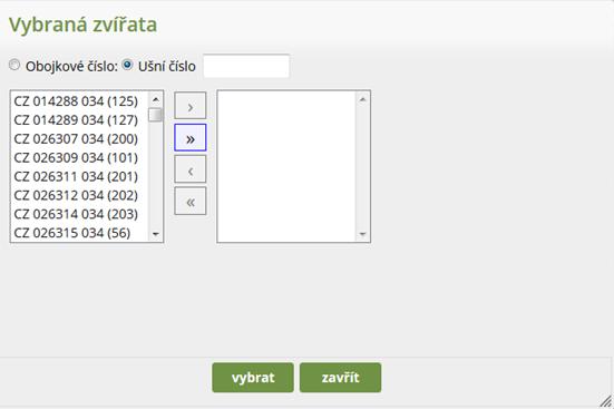 Varianta 3: Výběr všech zvířat uvedených v chovu/stáji