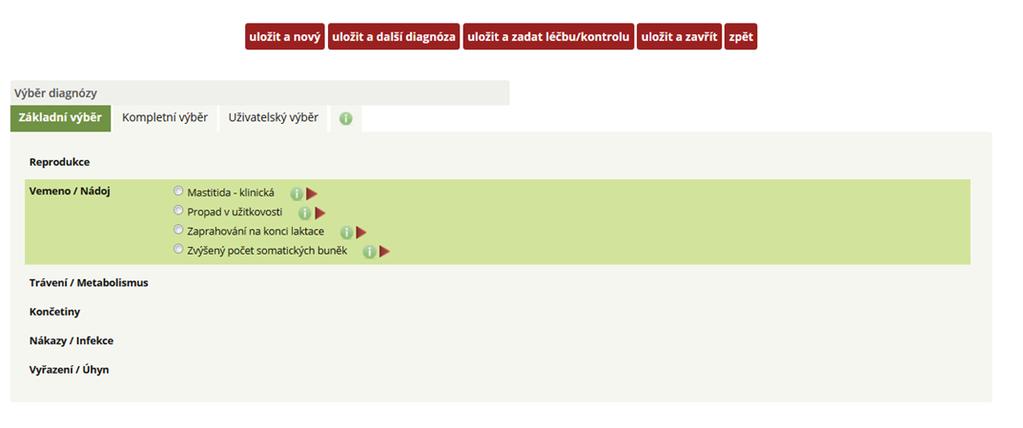 Krok 2: Rozbalení příslušné kategorie (např. Vemeno/Nádoj) - kliknutím na název kategorie se rozbalí její obsah, tj. jednotlivé diagnózy/úkony.