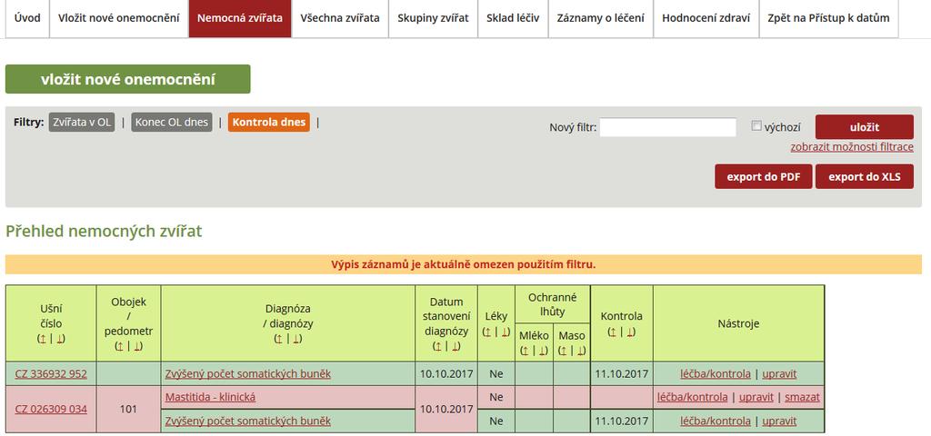 Výše popsané přednastavené filtry jsou velmi dobrým pomocníkem, a to zejména v chovech bez dojírenského SW, kdy sestavy zvířat v OL, konec OL dnes a kontroly dnes mohou být využity např.