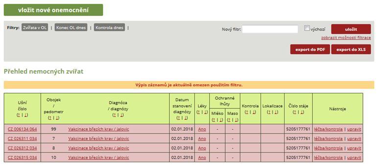 Krok 2: Zobrazení Přehledu nemocných zvířat s možností exportu do PDF nebo XLS. Pozn.