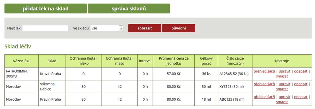 Krok 3: Kontrola odečtu ve skladu léčiv protože kráva pocházela ze stáje č. 1 a bylo jí podáno 32 ml léčiva Noroclav, došlo automaticky k odečtu této dávky ze skladové zásoby (50 32 = 18 ml).
