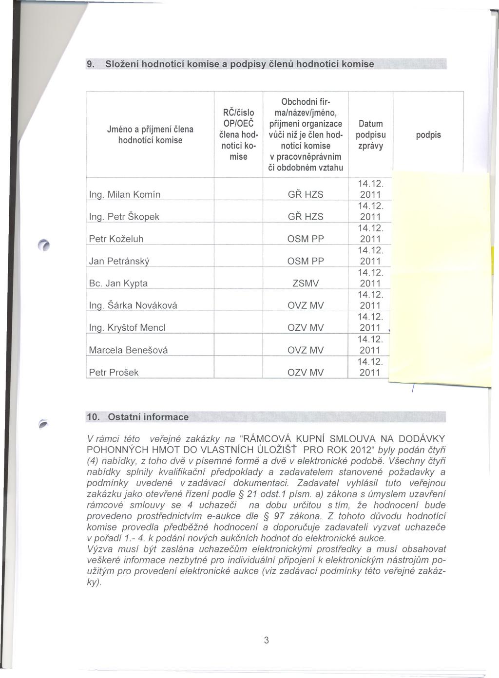 9. Složení hodnotící komise a podpisy clenu hodnotící komise Jménoa príjmeníclena hodnotícíkomise Obchodnífir. RC/císlo malnázevljméno, OP/OEC príjmeníorganizace Datum clenahod. vuci nížje clenhod.