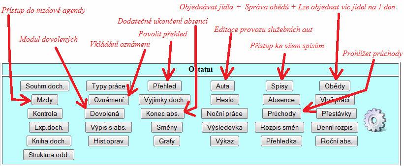 Modrou sekci Ostatní ovlivňuje větší část nastavení údajů zaměstnanců: Tlačítka Auta, Spisy, Obědy, heslo, Absence, Směny, Roční abs.