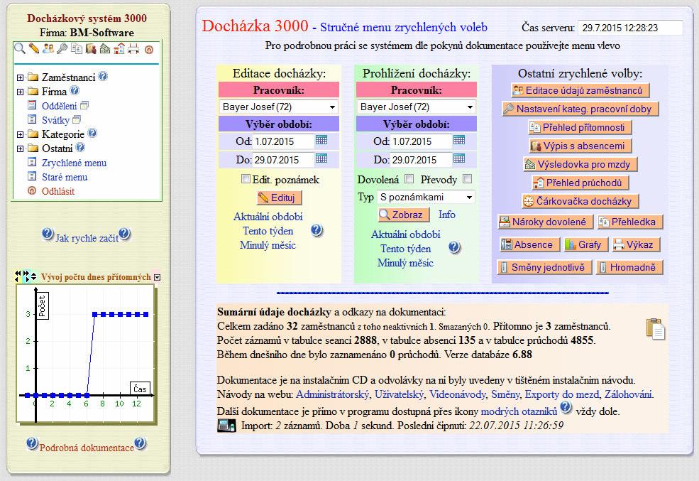 Administrátorský přístup: Pokud se tedy přihlásíte administrátorským heslem, dostanete se do administrace systému, kde máte k dispozici všechny funkce systému a plný přístup ke všem datům zaměstnanců.