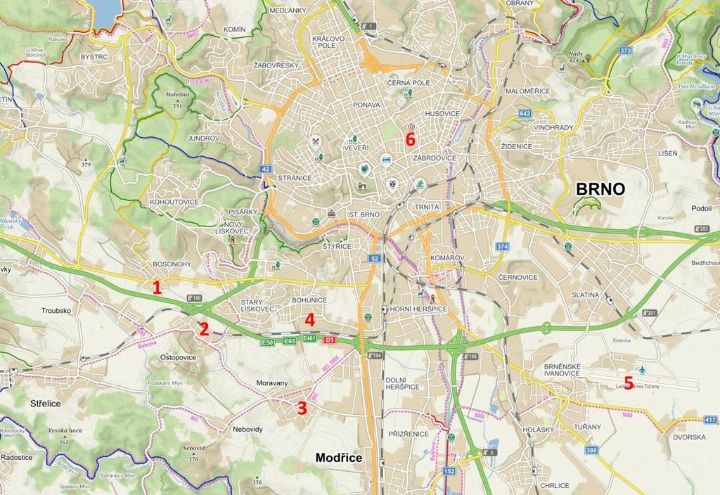 Obr. 3 Přehled lokalit měření Bosonohy (1), Ostopovice (2),