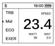 Tlačítka a ukazatele Cycling Computer Up button Down button Power/switch button Display Battery status Bluetooth status Front light open Rear light open Warning sign Current speed Assistance mode