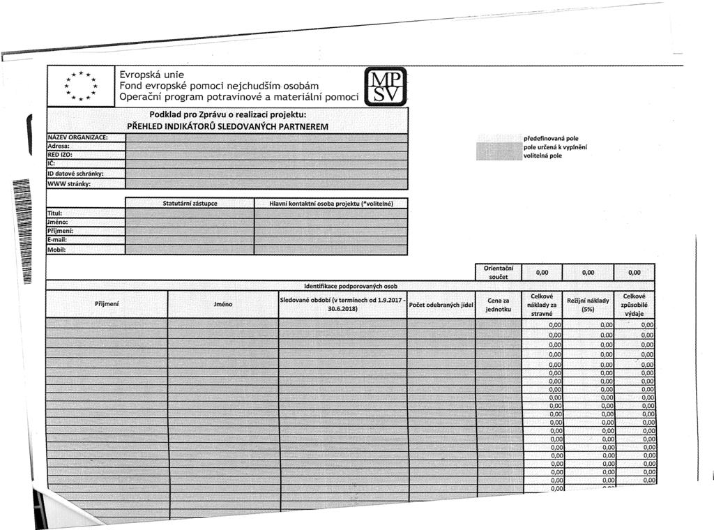 " ^ " A- NÁZEV ORGANIZACE: Adresa: RED IZO: IČ: ID datové schránky: WWW stránky: Evropská unie Podklad pro Zprávu o realizaci projektu: PŘEHLED INDIKÁTORŮ SLEDOVANÝCH PARTNEREM předefinovaná pole