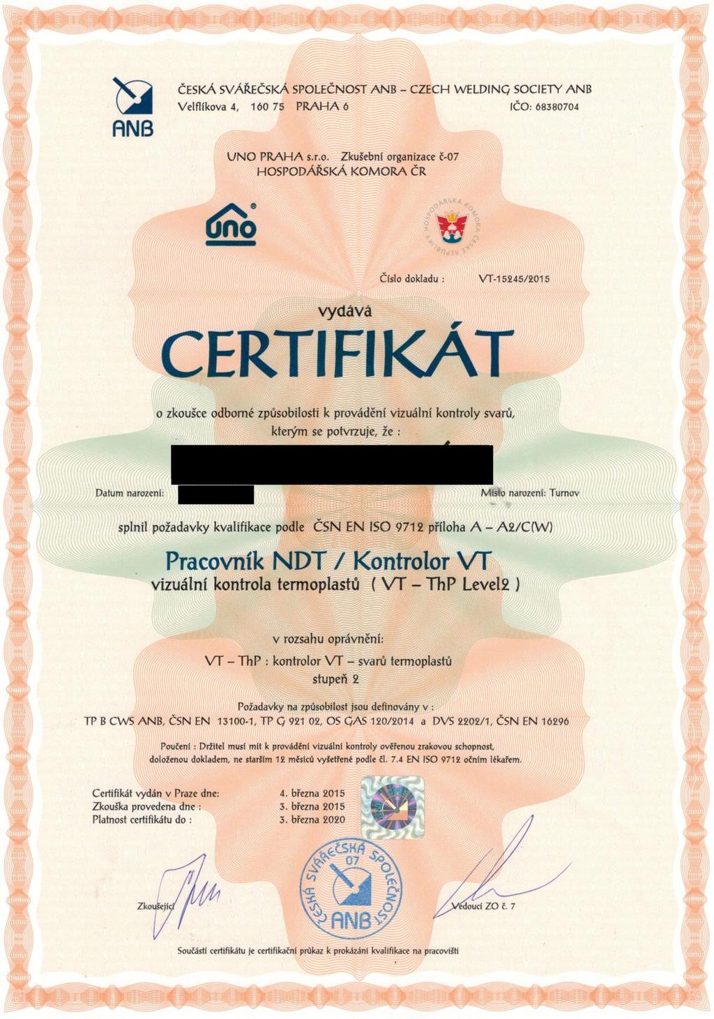 Certifikace NDT Kontrolor VT Vizuální
