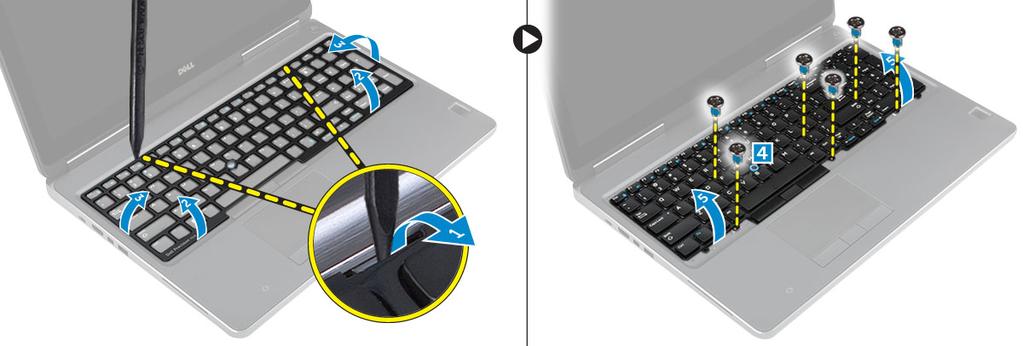 a Vyrýpněte rám klávesnice směrem od spodní části a postupujte podél horního okraje pro jeho vyjmutí z počítače [1, 2, 3]. b Odstraňte šrouby, kterými je připevněna klávesnice k počítači [4].
