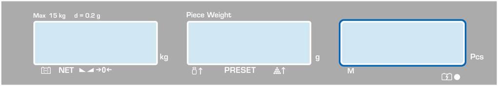 2.1 Ukazatelé Hmotnost Referenční hmotnost Počet kusů 2.1.1 Zobrazení hmotnosti Zobrazení hmotnosti váženého materiálu v [kg].