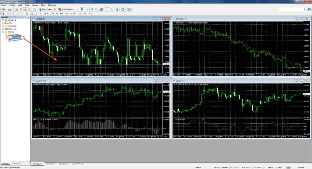 platformu MT4 restartujte (vypněte a znovu zapněte) 7) otevřete okno s libovolným měnovým párem nebo jiným titulem 8) z navigátoru a oddílu Skripty přesuňte pomocí tažení