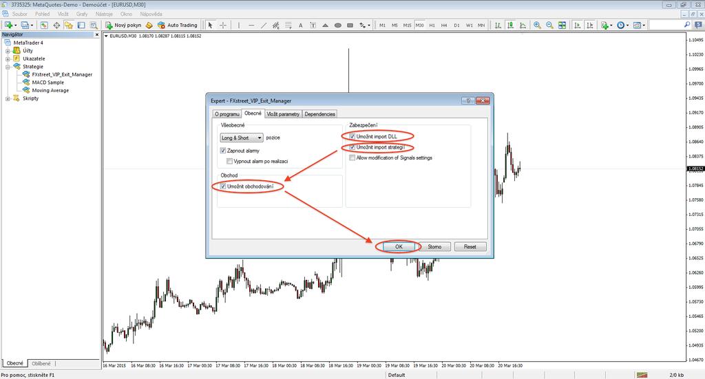 9) import DLL lze defaultně povolit pro všechny doplňky v platformě MetaTrader 4 zvolením Nástroje v horní