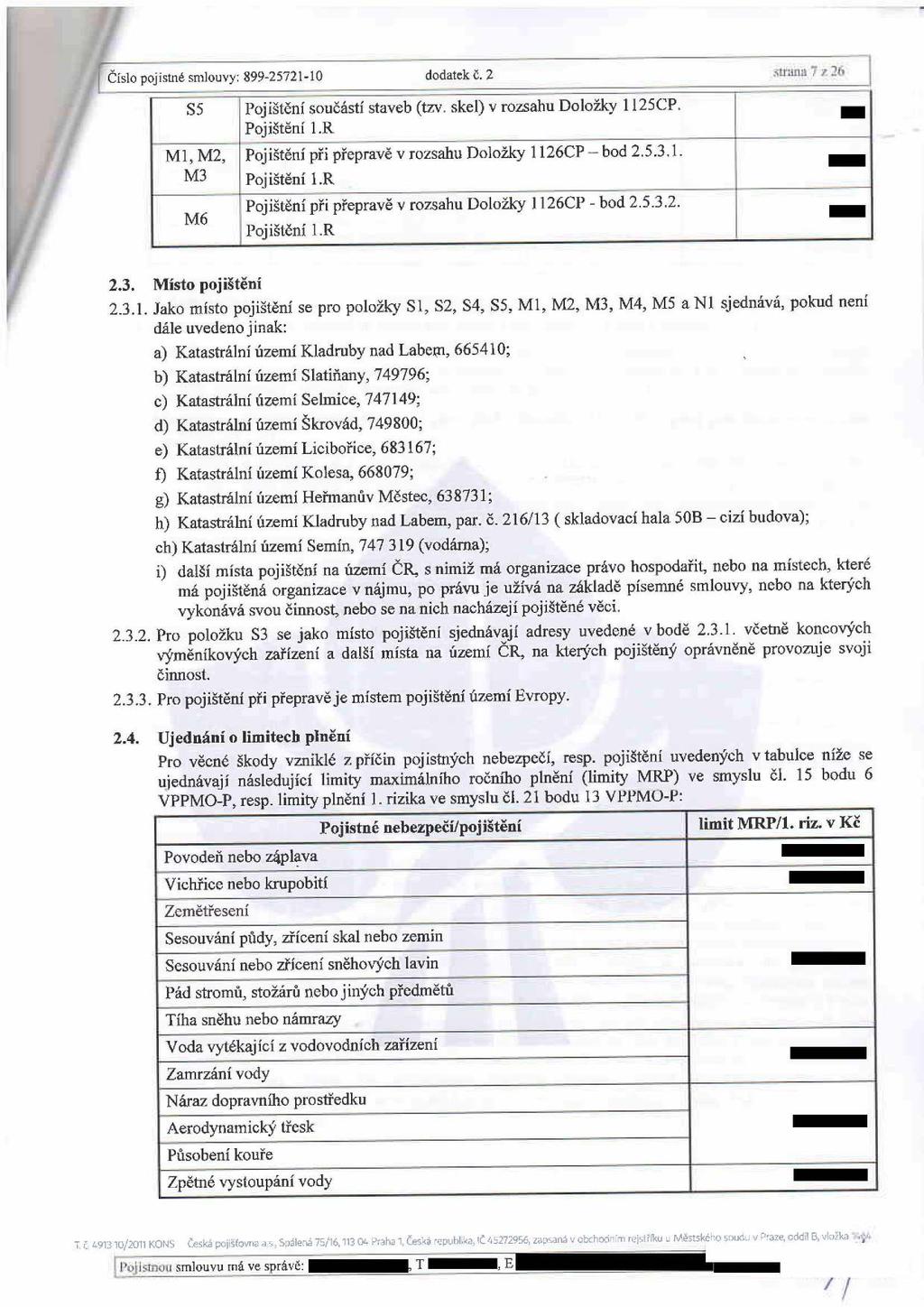 IrT-------- ------------------ Číslo pojistné smlouvy: 899-25721-10 dodatek č. 2 S5 Ml, M2, M3 M6 Pojištění součástí staveb (tzv. skel) v rozsahu Doložky 1125CP. Pojištění l.