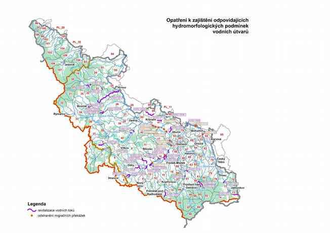 Opatření k dosažení cílů dobrého stavu vod Revitalizace (Olešná, Sedlnice, Osoblaha, Ondřejnice, Odra) Rybí přechody (Jezy Přívoz a Lhotka, Olše Věřňovice, Jez Studénka a Zábřeh)