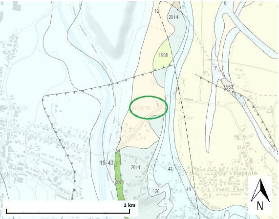 Na obrázku 33 je vyobrazena geologická mapa zájmové oblasti. Zelenou elipsou je vyznačen zkoumaný dílčí sesuv.