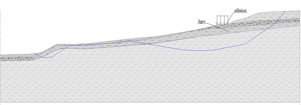 Ve vyměřeném profilu se nacházejí dvě kritická místa. Z tohoto důvodu byl svah nejprve vymodelován v programu GEO5. Simulace provozu na silnici je volena plošným zatížením o hodnotě 20 kn/m 2.