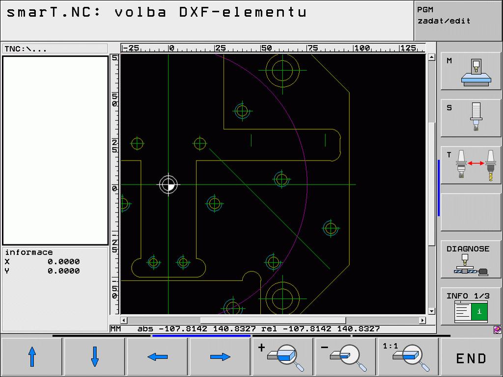 Zpracování souborů DXF (volitelný software) Funkce zvětšení (Zoom) Aby se při výběru obrysů nebo bodů mohly snáze rozpoznat i menší detaily, tak TNC nabízí silnou funkci Zoom: Funkce Zvětšit obrobek.