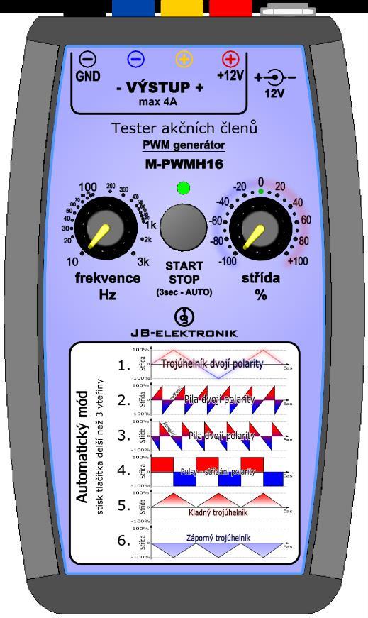 M-PWMH16 Tester akčních členů bipolární PWM generátor Přístroj pro paralelní diagnostiku. Bipolární PWM generátor 10Hz 3kHz, střída -100% 0 100%. 6 automatických módů, jmenovité napětí 12V.