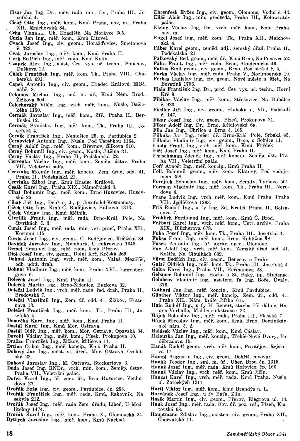 Cisař Jan ng. Dr., měř. rada min. fin., Praha., Josefská 4. Císař Otto ng., měř. kom., Kmú Praha, nov. m., Praha X., Mnichovská 84. 'Crha Vlaaul1h, Vh. Hradiště, Na Morávce 605. Cucla Jan ng., měř. kom., Kmú Litovel.