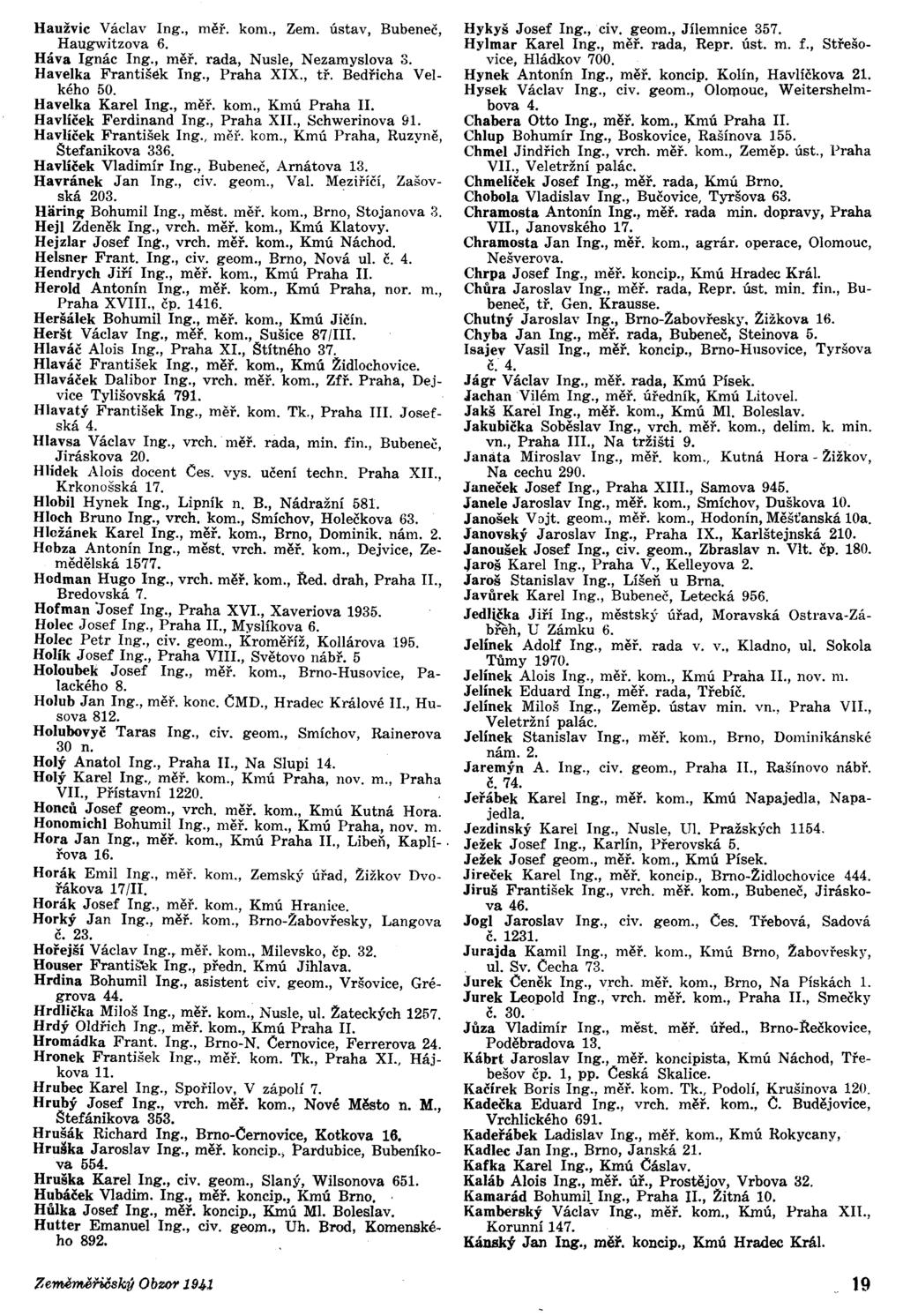 Haužvic Václav ng., měř. kom., Zem. ústav, Bubeneč, Haugwitzova 6. Háva gnác ng., měř. rada, Nusle, Nezamyslova 3. Havelka František ng., Praha XX., tř. Bedřicha Velkého 50. Havelka Karel ng., měř. kom., Kmú Praha.