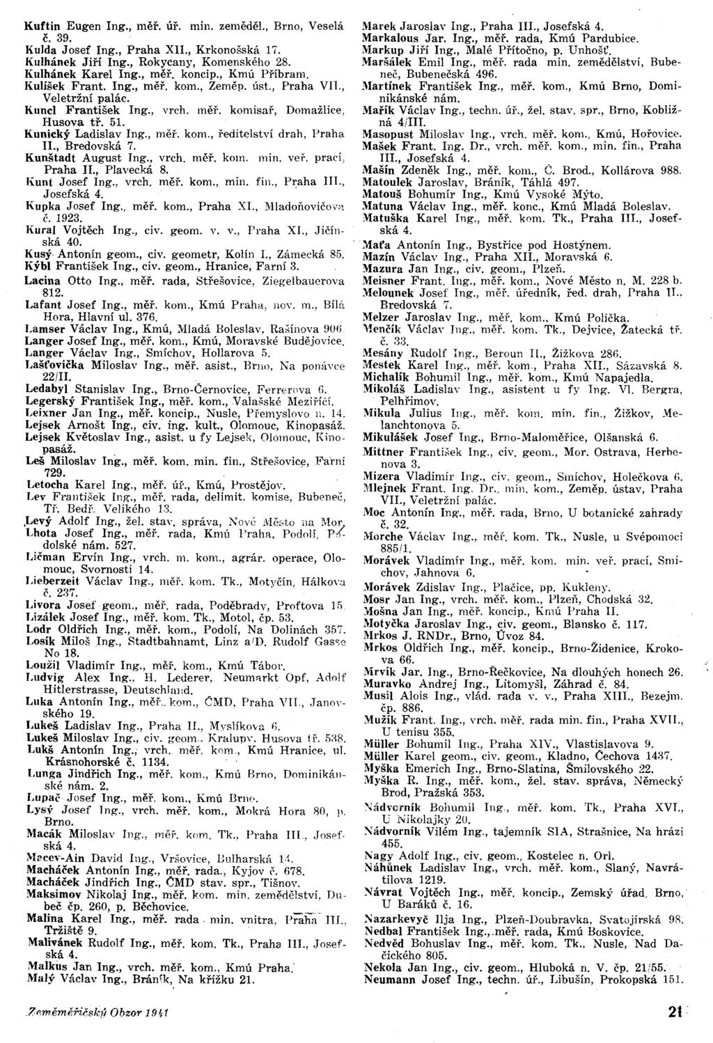 Kuftin Eugen ng., měř. úř. min. zeměděl., Brno, Veselá č.39. Kulda Josef ng., Praha X., Krkonošská n. Kulhánek Jiří ng., Rokycany, Komenského 28. Kulhánek Karel ng., měř. koncip., Kmú Příbram.