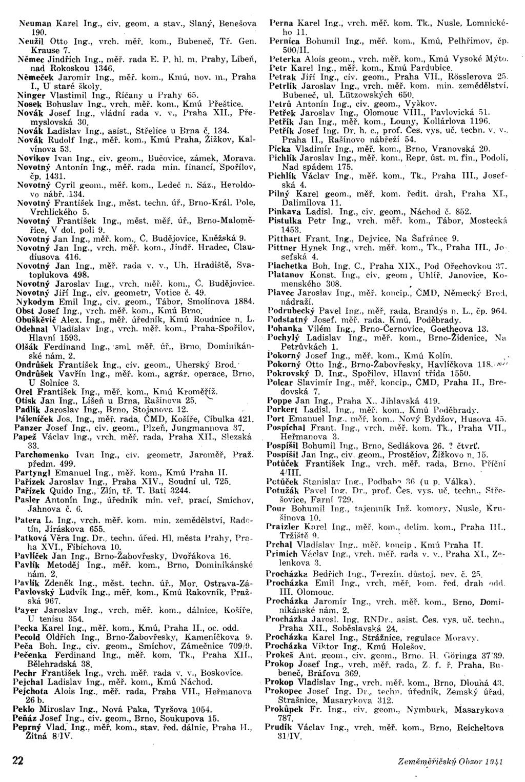 Neuman Karel ng., civ. geom. a stav., Slaný, Benešova 190. ~ellžil Otto ng., vrch. měř. kom., Eubeneč, Tř. Gen. Krause 7. Němec Jindřich ng., měí. rada E. P. hl. m. Prahy, Libeň, nad Rokoskou 1346.