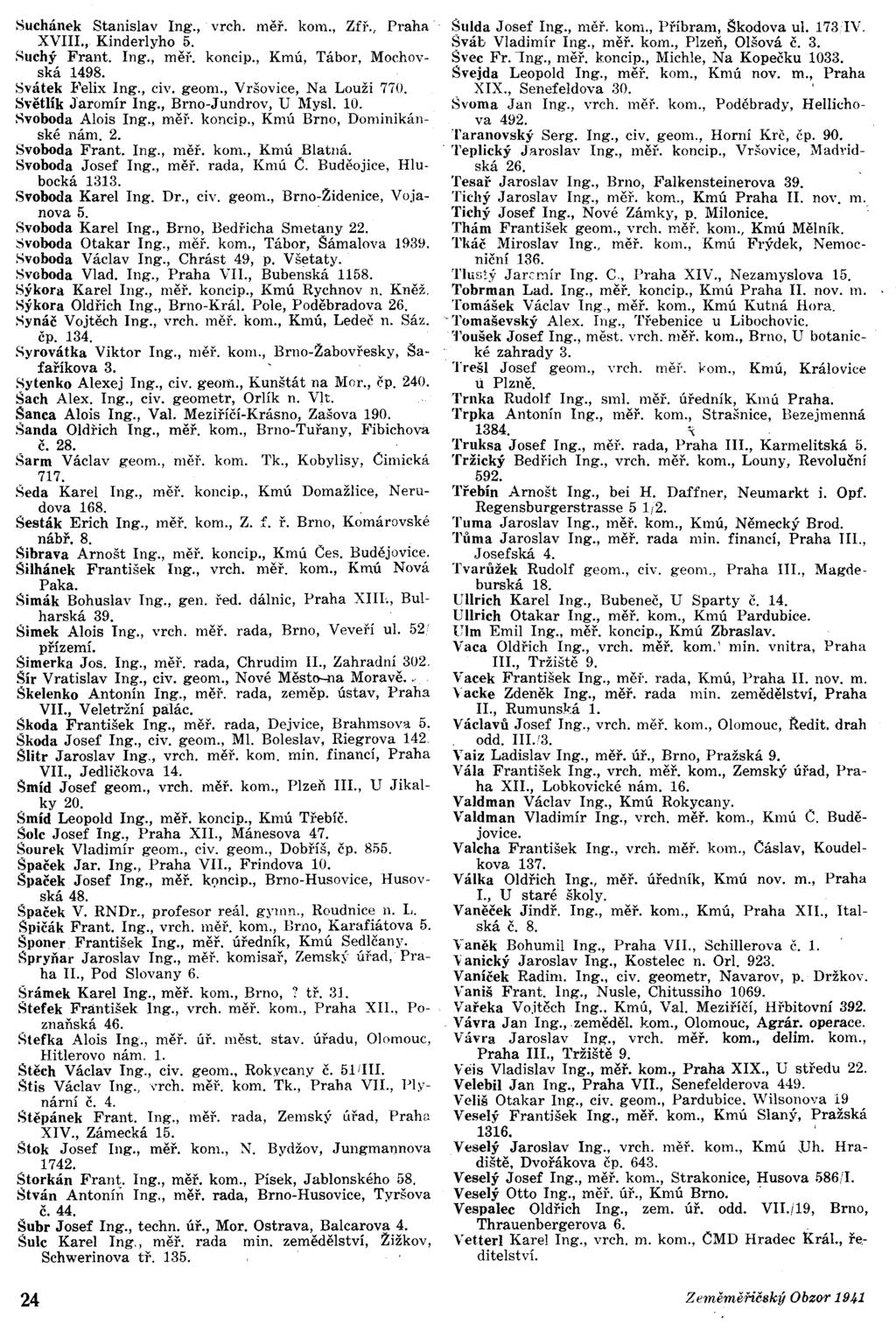 Suchánek Stanislav ng., vrch. měř. kom., Zfř., Praha XV., Kinderlyho 5. Suchý Frant. ng., měi-. koncip., Kmú, Tábor, Mochovská 1498. Svátek Felix ng., civ. geom., Vršovice, Na Louži 770.