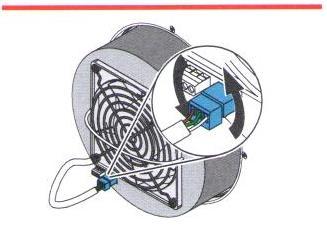 1 kabely vedoucí k ventilátoru 4 svorka 2 dioda na konektoru 5 kabely vedoucí k regulátoru 3 protikus svorky pro připojení regulátoru 6 šrouby pro uchycení žil kabelu Zapojení v první fázi otáček na