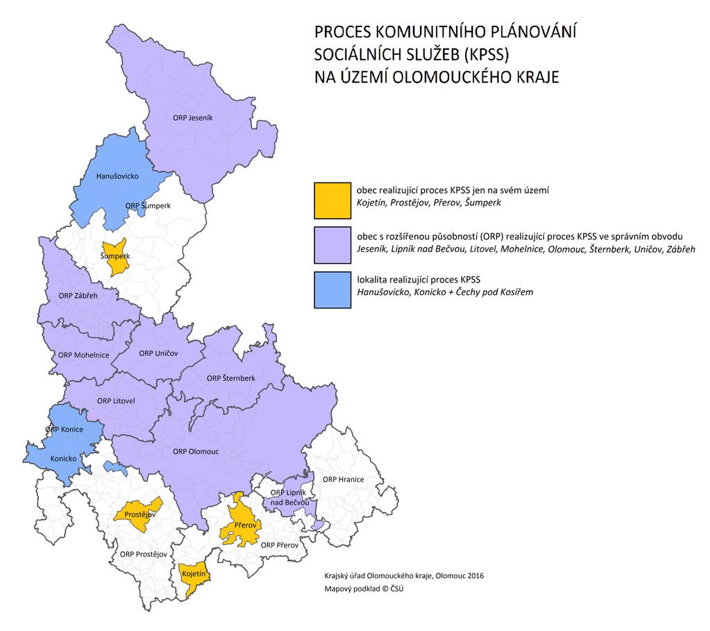 Mapa 2 Znázornění procesu KPSS na místní úrovni v roce 2016 Ze srovnání map 1 a 2 je zřejmé, že některá území OK jsou stále komunitním plánováním nepokryta.