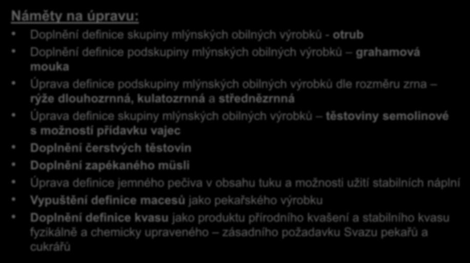 podskupiny mlýnských obilných výrobků grahamová mouka Úprava definice podskupiny mlýnských obilných výrobků dle rozměru zrna rýže dlouhozrnná, kulatozrnná a střednězrnná Úprava definice skupiny