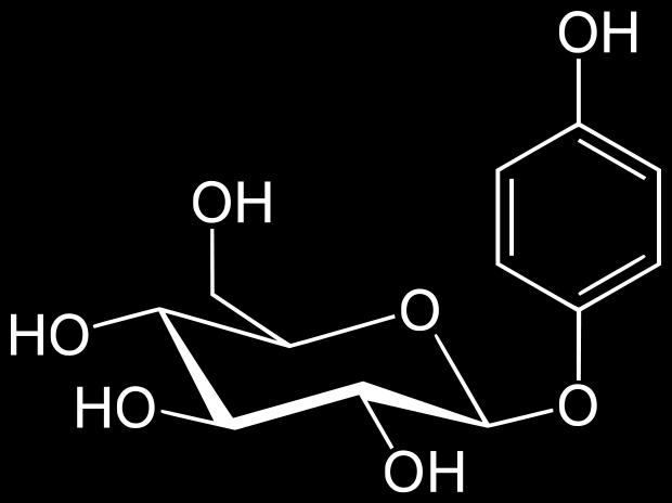 2.2 Studovaná látka Obr. 1 Strukturní vzorec arbutinu C.A.S. name: hydroquinone-β-d-glucopyranoside C.A.S. number: 497-76-7 Sumární vzorec: C 12 H 16 O 7 Molární hmotnost: 272,25 g/mol Bod tání: 468 K (195 ºC) Fyzikální stav: bílý jemný prášek Další používaná jména: arbutin, ursil, uvasol 2.