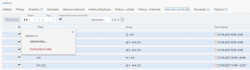 parametry již změněné hodiny Pokud jsou již u hodin nastavené změny (náhrada, zrušení.