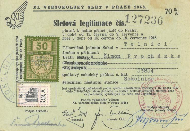 Sletová legitimace Šimona Procházky z roku 1948 Eva Kořalníková a Květoslava Oujezdská OZDRAVNÝ POBYT BĚLORUSKÝCH DĚTÍ V TELNICI Po revoluci se Charita, zřízená při brněnském biskupství, zapojila do